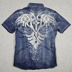 Roar (Men's Large) Blue Shirt Short Sleeve Embroidered Denim Look Acid Wash Y2K